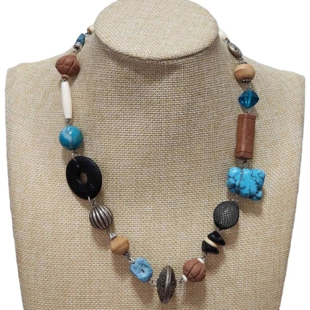 Treska Mixed Media Chunky Statement Necklace Blue Brown Boho Toggle Clasp 19"